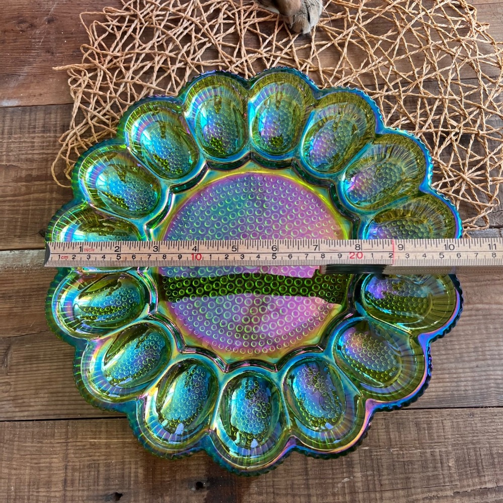 Lime Green Carnival Glass Deviled Egg Iridescent Hobnail 15 Slot 9.5" Vintage